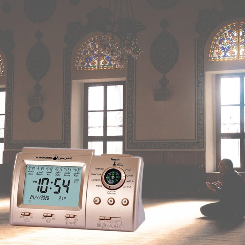 Islamic Tabletop Clock with Adhan Alarm and Qiblah Direction (Al-Harameen) - Golden Alif Gallery