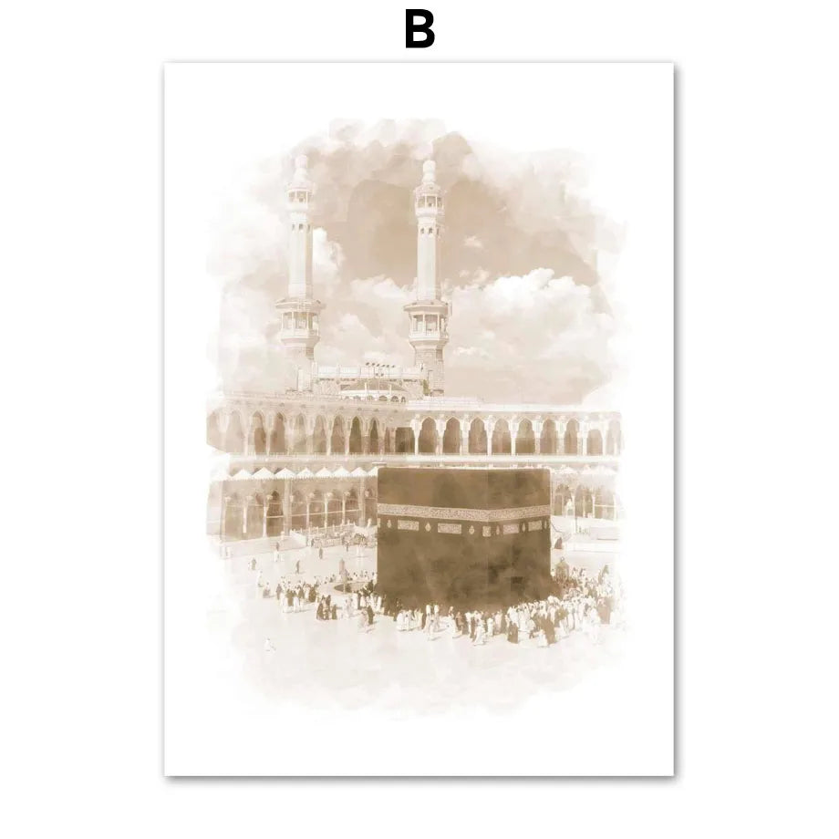 Islamic Canva Beige Arabic Calligraphy | Kaaba, The Gold Dome, Masjid al-Nabawi - Golden Alif Gallery